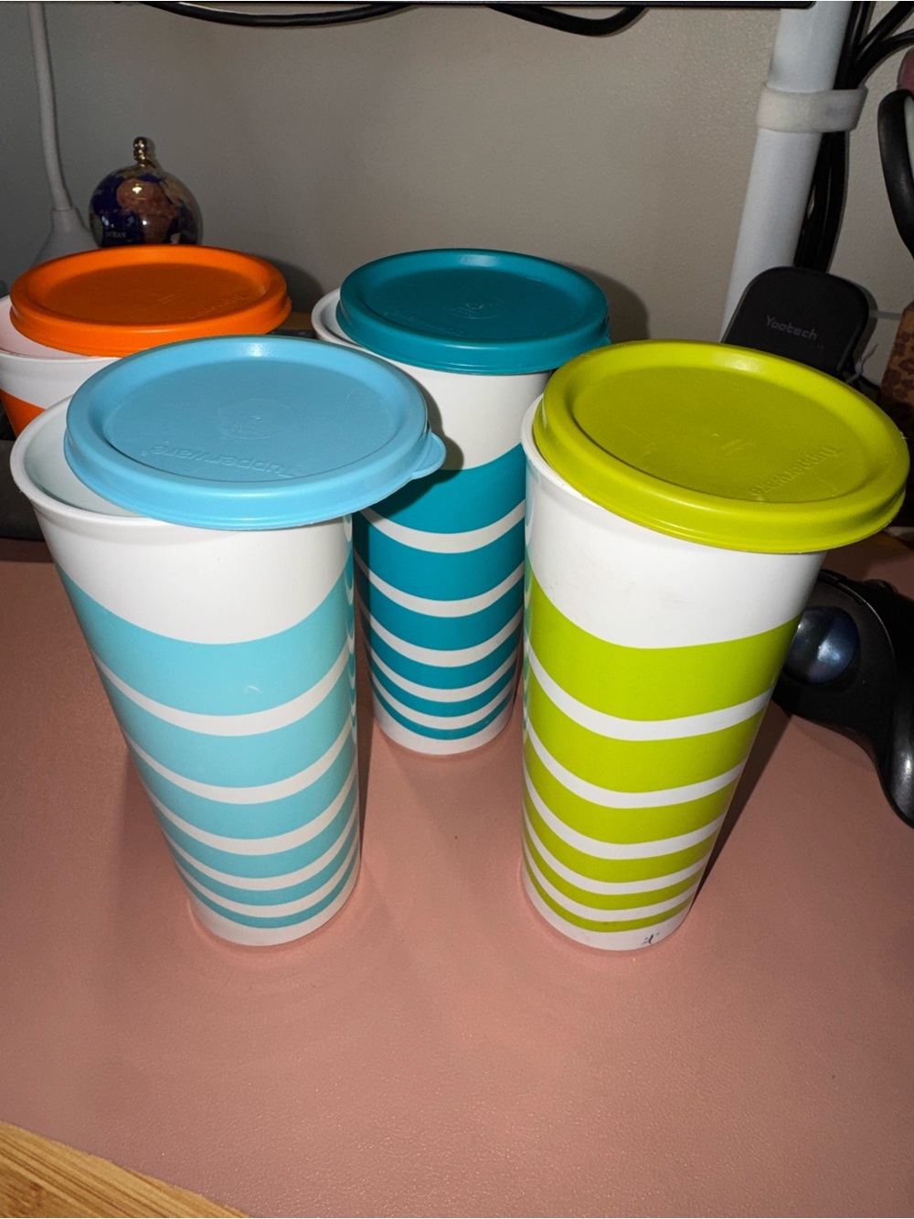 Vintage Tupperware Striped Tumblers w/ Lids Retro Pastel 4 Cup Set